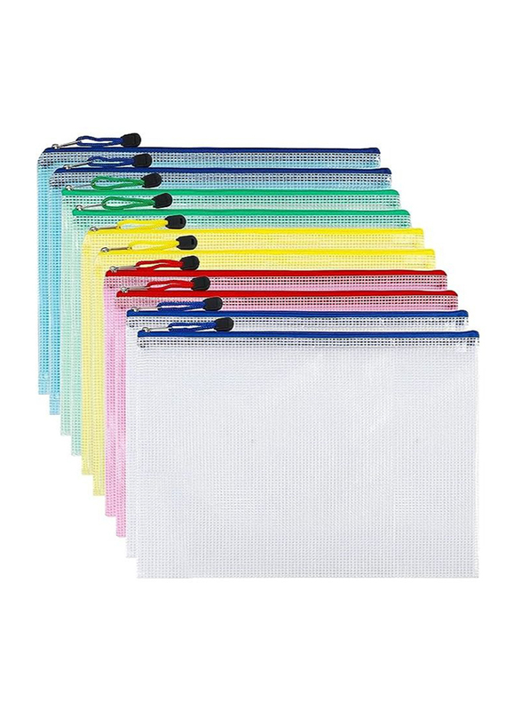 A4 Size Waterproof Plastic Mesh Zipper Pouch Document Plastic Envelopes, 10 Pieces, Multicolour