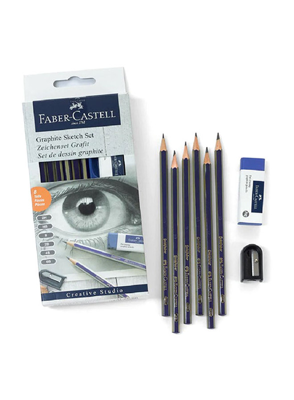 Faber-Castell 8-Piece 6 Graphite Sketch Pencil + 1 Sharpener + 1 Eraser Set, Multicolour
