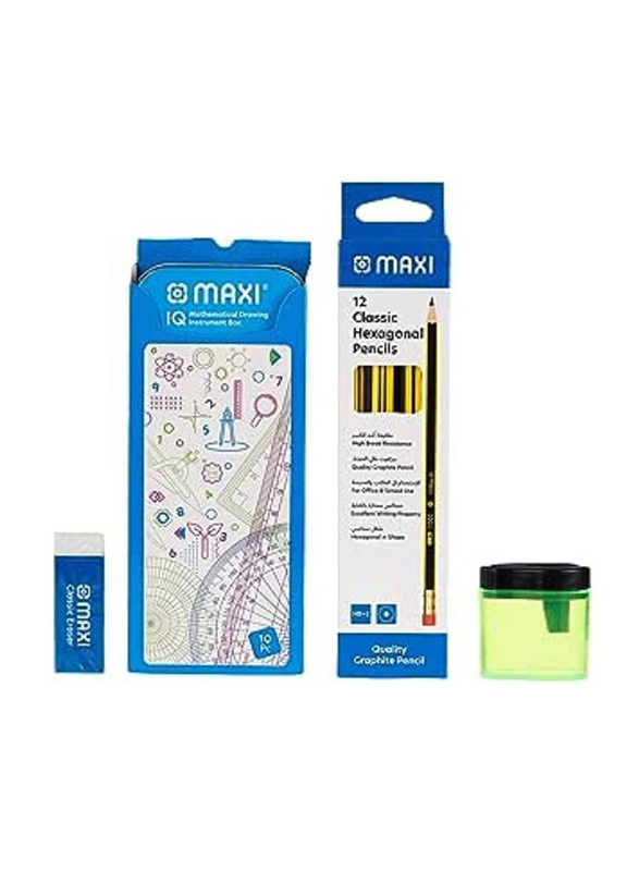 Maxi 24-Piece Writing Combo PRM1 Geometry + Graphite Pencil + Plastic Container Sharpener + Dust Free Eraser Set, Multicolour