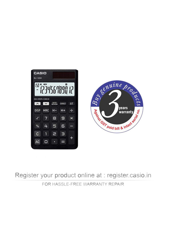 Casio 12-Digit Portable Basic Calculator, NJ-120D-BK-W-DH-W, Black