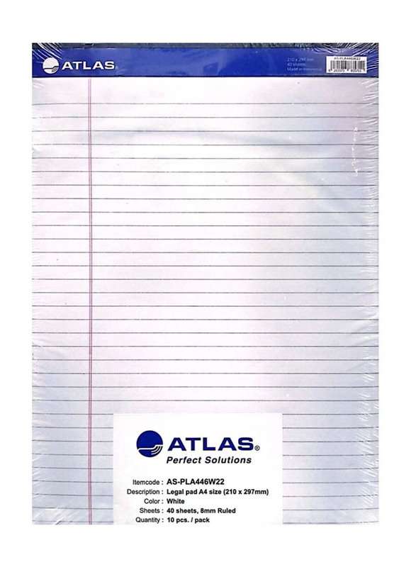 Atlas Legal Pad, 210 x 297mm, 10 x 40 Sheets, A4 Size, White