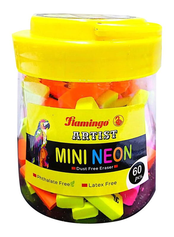 Flamingo 60-Piece Mini Neon Dust Free Erasers, Multicolour