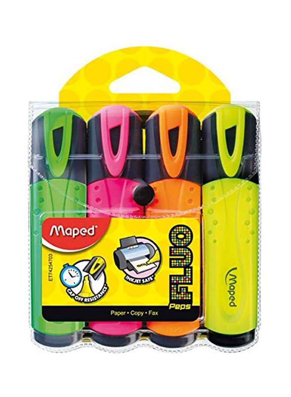 Maped Helix USA 4-Piece Fluo Peps Classic Highlighter Set, Assorted Colours