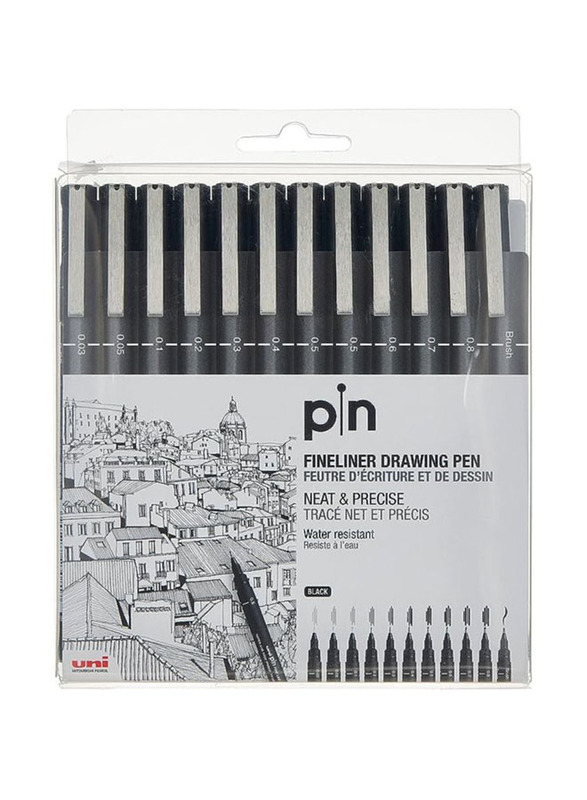 Uniball 12-Piece Black Ink Unipin Fineliner Pen, Assorted