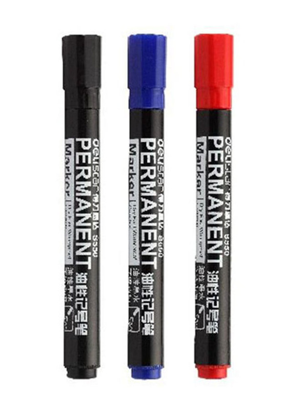 Deli 3-Piece Permanent Marker Set, Black/Blue/Red