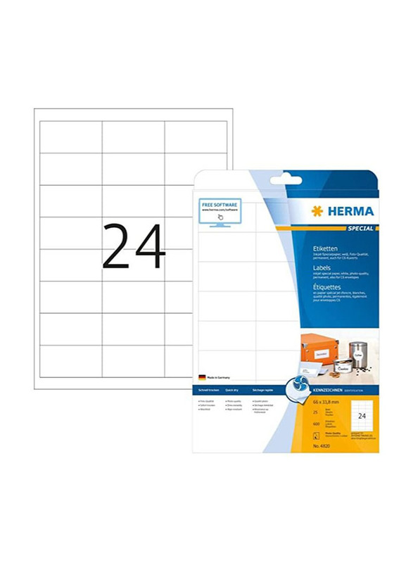 Herma Self Adhesive Multi-Purpose Labels, 24 Labels Per Sheet, A4 Size, 66 x 33.8mm, White