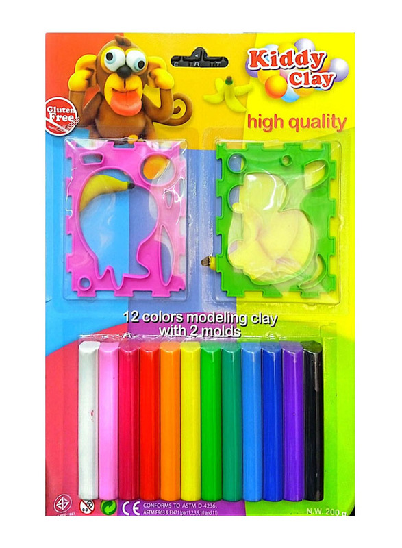 Kiddy Clay 12 Colours Modelling Clay with 2 Moulds Set, Multicolour