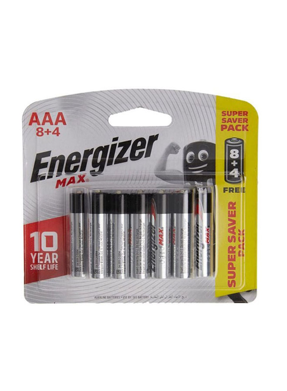 Energizer AAA Max Alkaline Battery Set, 12 Pieces, Silver/Black