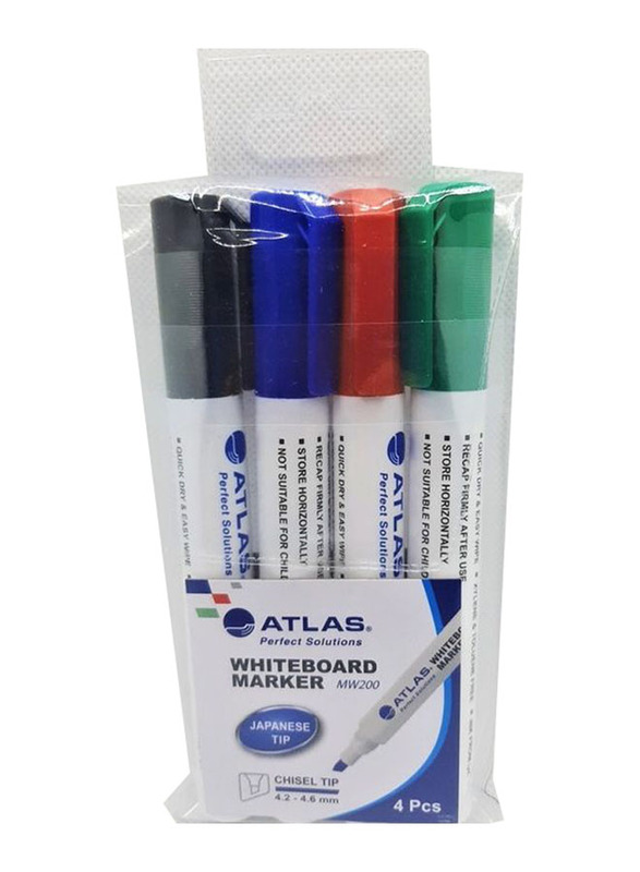 Atlas 4-Piece White Board Chisel Tip Marker, Multicolour
