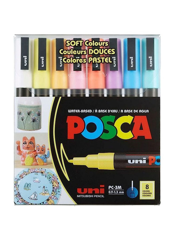 Uni Posca Soft Colour Marker, 8 Pieces, PC-3M, Multicolour