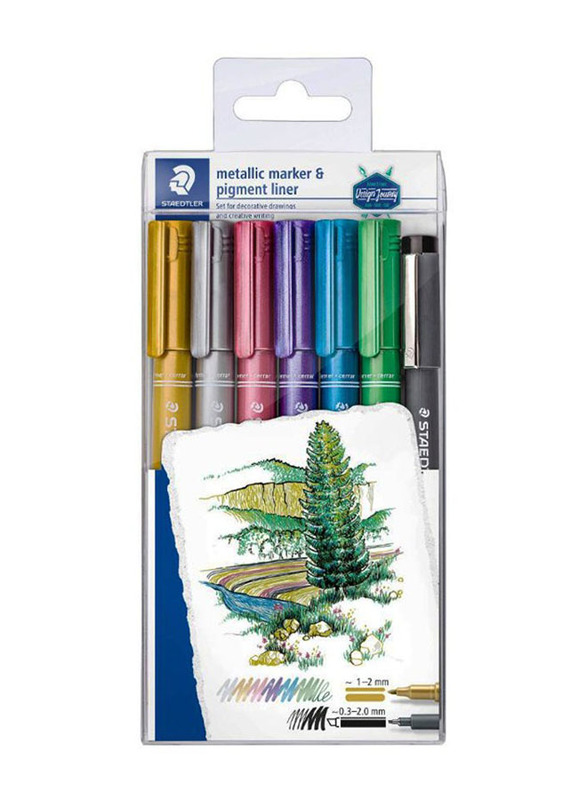 Staedtler 6-Piece Metallic Marker Set With Pigment Liner Pen, Multicolour