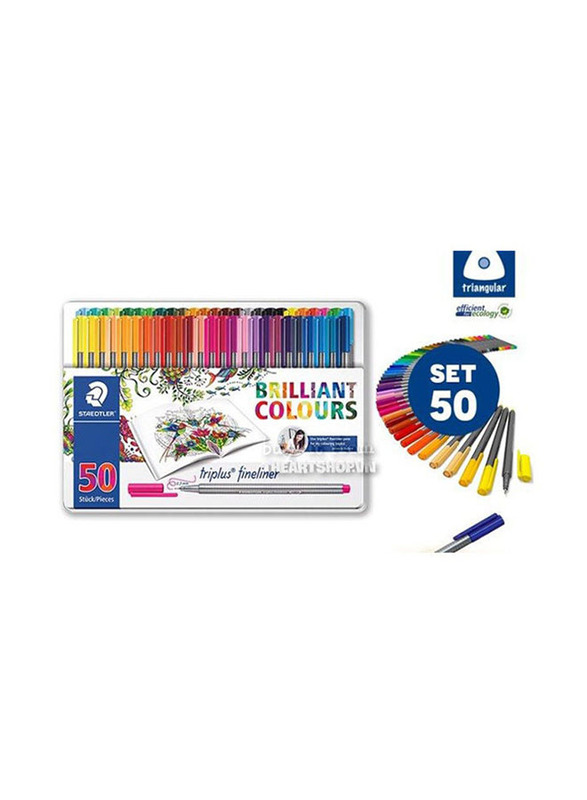 Staedtler 50-Piece Triplus Fineliner Pens in Metal Box, Multicolour