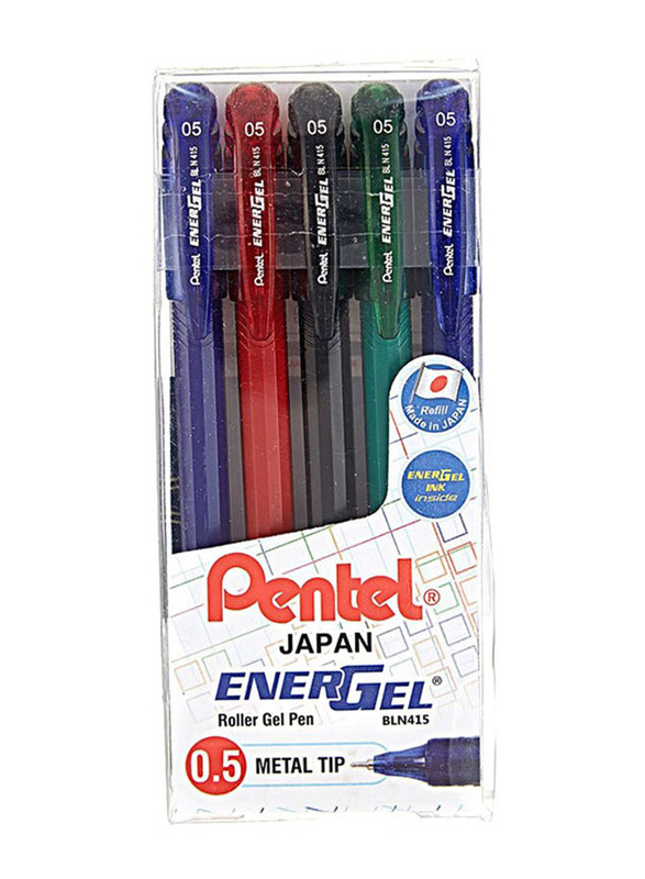 Pentel 5-Piece 0.5mm EnerGel Roller Gel Pen, BLN415, Multicolour