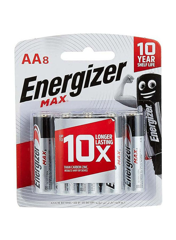 Energizer E91 Bp8 Max 1.5V AA Alkaline Battery, 8 Pieces, Silver/Black