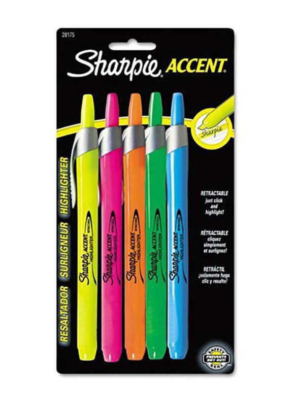 Sharpie 5-Piece Chisel Tip Accent Retractable Highlighters, Multicolour