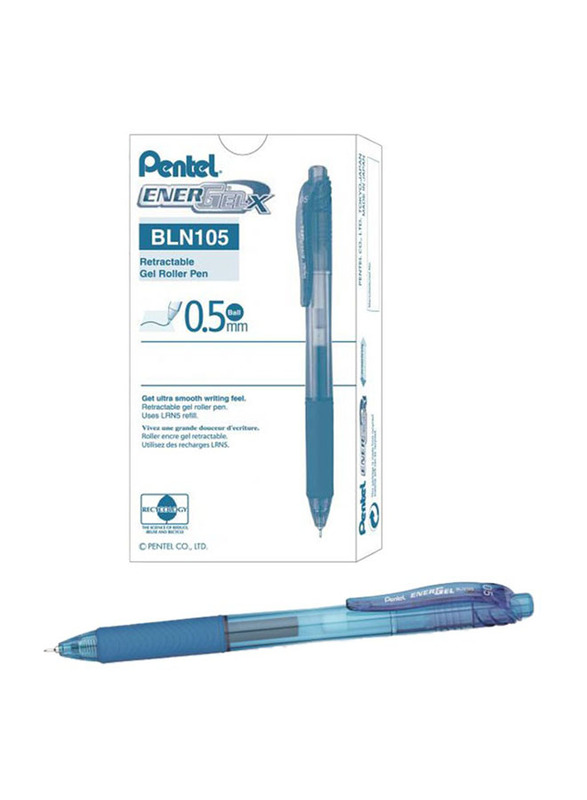 Pentel 12-Piece 0.5mm EnerGelX Retractable Gel Roller Pen, BLN105, Blue