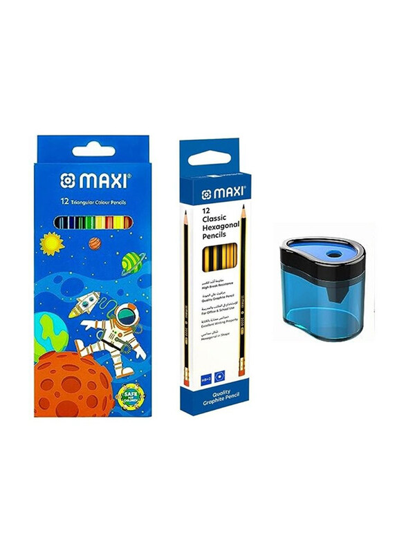 Maxi Hexagonal Graphite HB with Eraser Tip 12 Pieces + Colour Pencils 12 colours + Sharpeners, Multicolour