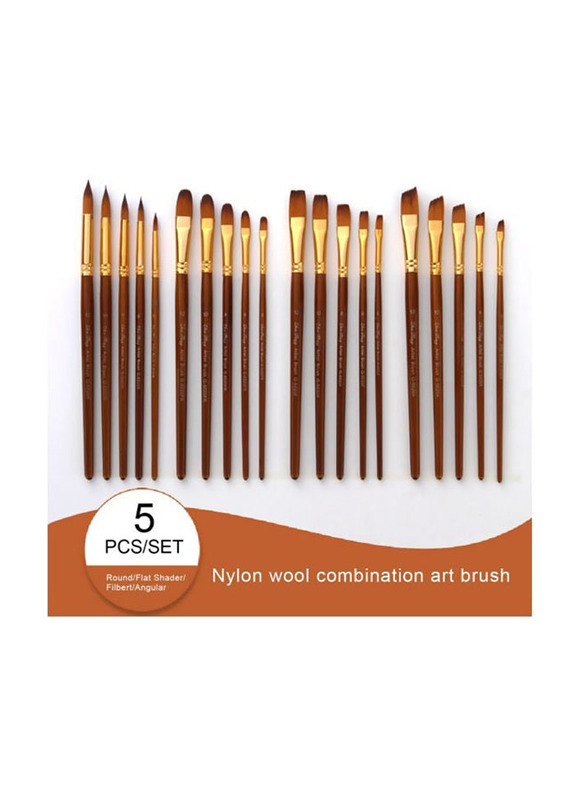 Round Pointed Tip Paint Brush Set, 5 Pieces, Brown/Gold
