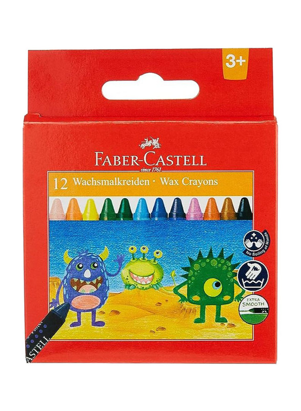 Faber-Castell Round Wax Crayon, 90mm, 12 Pieces, Assorted