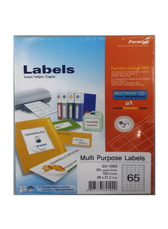 

Formtec 65 Label Per Sheet Box, 100 Sheets, Multicolour