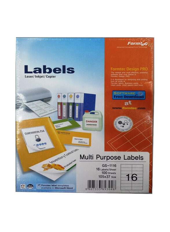 

Formtec 16 Label Per Sheet Box, 100 Sheets, Multicolour