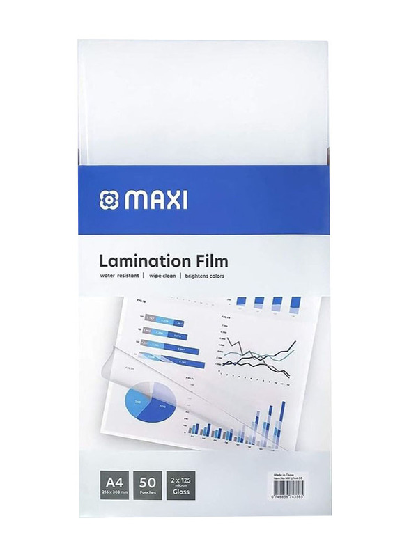 Maxi 50-Piece 216 x 303mm A4 125Mic Laminating Films, A4-216x303-50, Clear