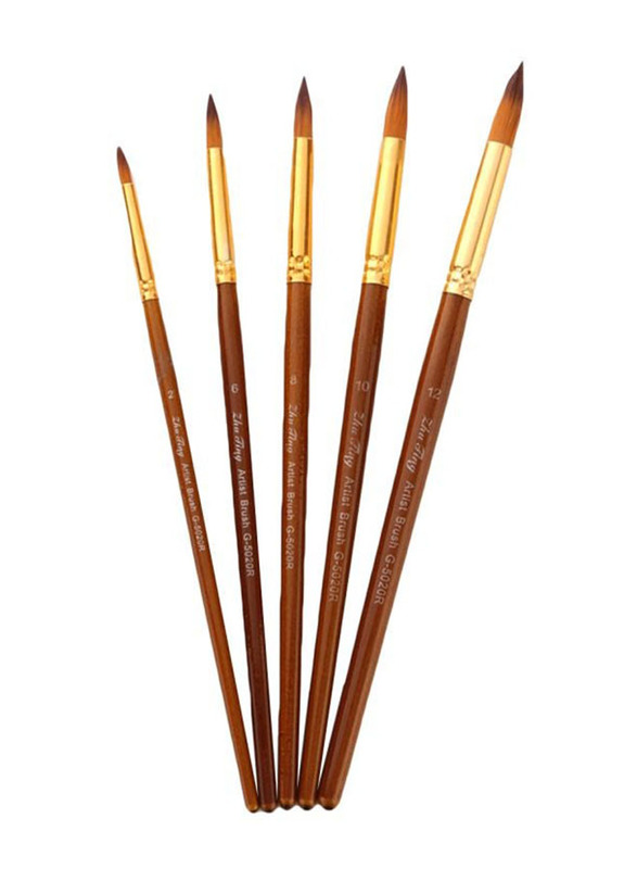 Round Pointed Tip Paint Brush Set, 5 Pieces, Brown/Gold