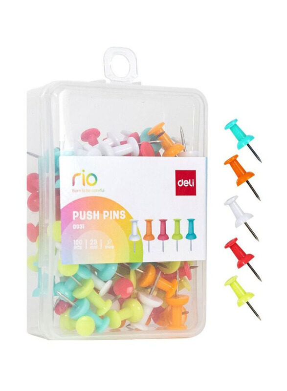 

Deli 100-Pieces Coloured Push Pins Thumb Tacks for Bulletin/Cork Board with Plastic Box, E0031, Multicolour