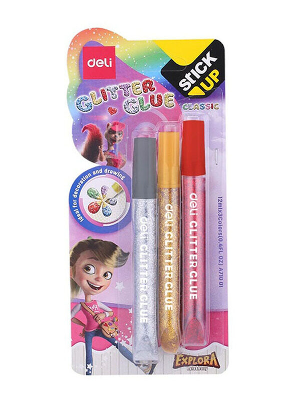 Deli Stick Up Glitter Glue, 3 Pieces, Multicolour