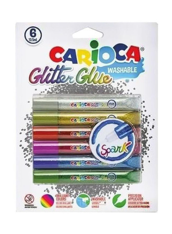 Carioca Washable Glitter Glue Tube Set, 6 Pieces, Gold/Red/Blue