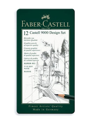 Faber-Castell 12-Piece 9000 Graphite Pencil Design Set with Metal Tin Box, Black