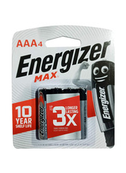 Energizer E92Bp4 AAA Max 1.5V Alkaline Battery Set, 4 Pieces, Silver/Black/Red