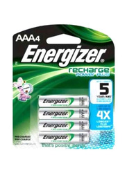 Energizer Long Lasting Rechargeable Recharge Plus AAA Battery Set, 4 Pieces, Silver/Green