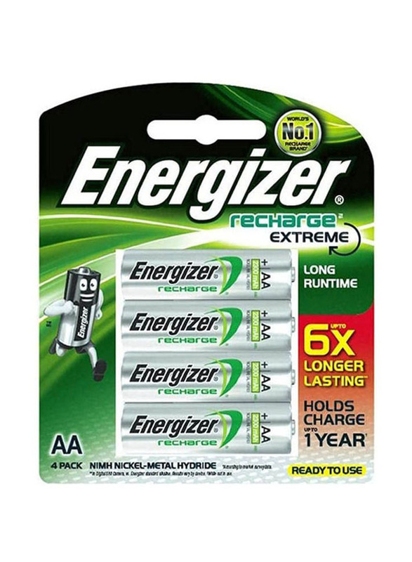 Energizer AA Recharge Extreme 2300 mAH Rechargeable Battery Set, 4 Pieces, Silver/Green