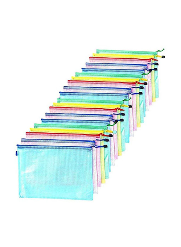 Mesh Document File Zipper Storage Pouch, 20 Pieces, A4 Size, Multicolour