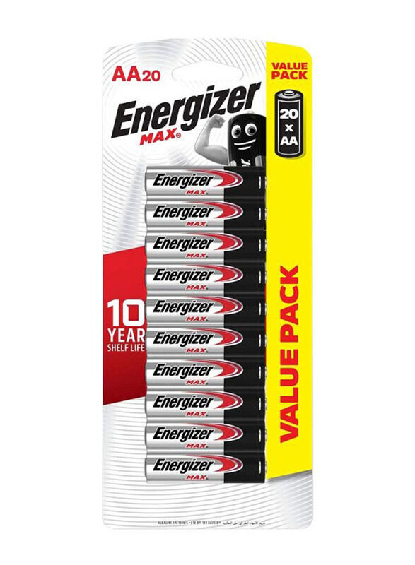 

Energizer Max 1.5V Alkaline AA Battery Set, 20 Pieces, Silver/Black