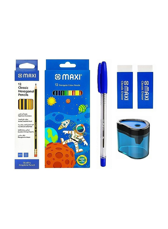 Maxi Ball Pen Combo Pack with 12 Colour Pencil, 12 Graphite Pencils, 2 Erasers & Sharpener, Multicolour