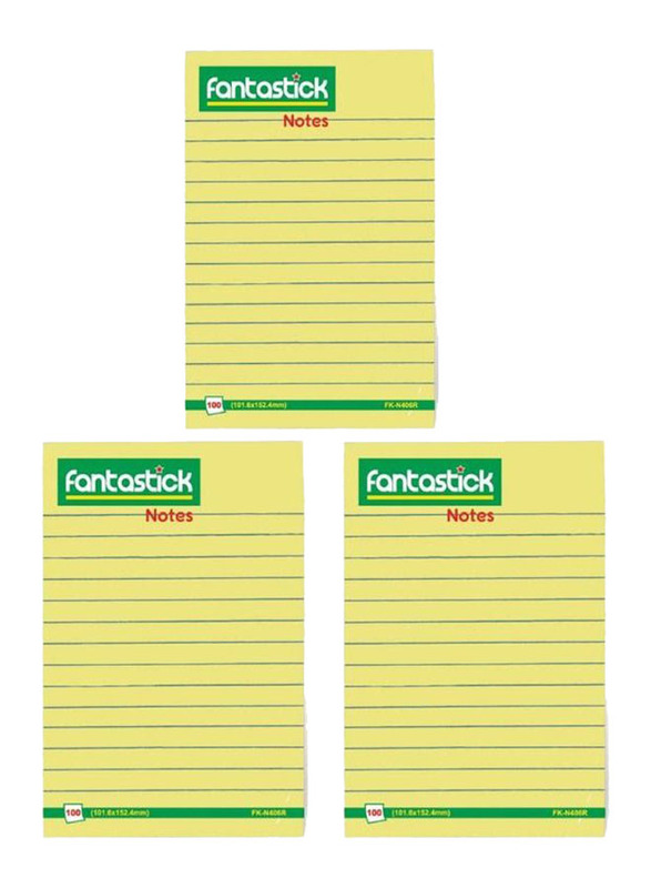 Fantastick Ruled Sticky Notes, 3 x 100 Sheets, 4 x 6 inch, Yellow