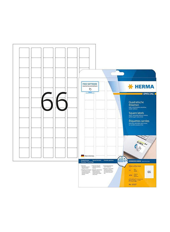 Herma Self Adhesive Removable Multi-Purpose Labels 66 Labels Per A4 Sheet, 25 Sheets, White