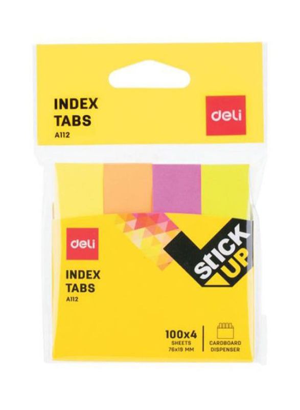 Deli 4 Colour Index Tabs Sticky Note, 4 x 100 Sheets, 75 GSM, Multicolour