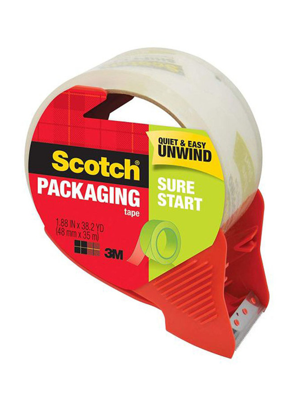 3M Scotch Sure Start Shipping Tape with Dispenser, Clear/Red