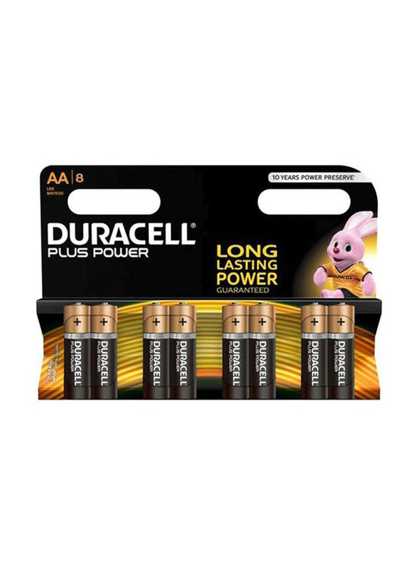 Duracell Plus Power AA Alkaline Battery Set, 8 Pieces, Black/Gold