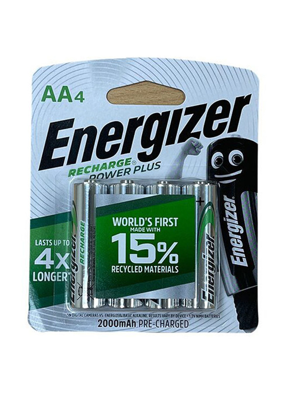 Energizer Power Plus HR6 AA Battery Set, 4 Pieces, Silver/Black/Green