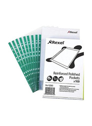 Rexel Copy King A4 Punched Glass Pockets with Spine, 100 Pieces, Clear/Green