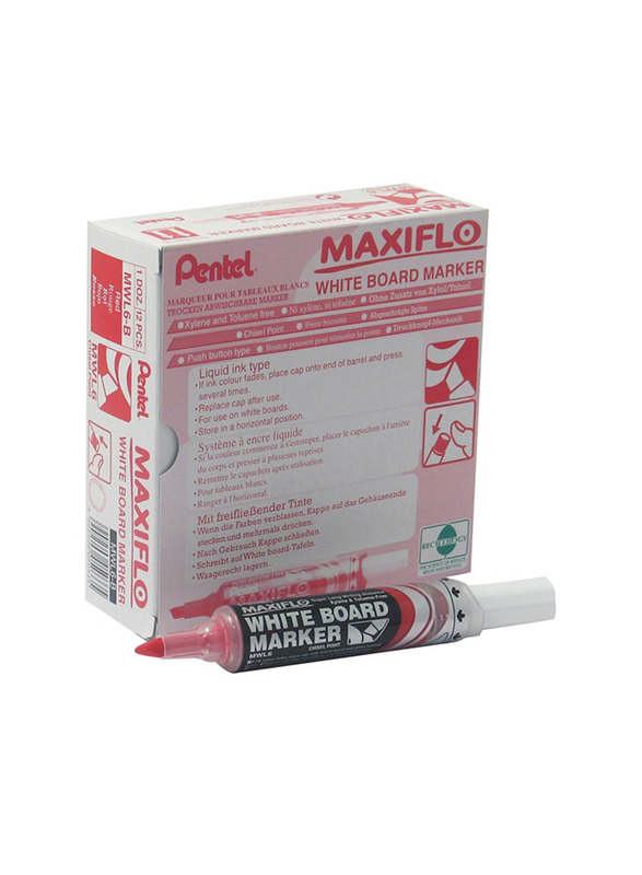 Pentel 12-Piece Chisel Tip Maxiflo White Board Markers, Red