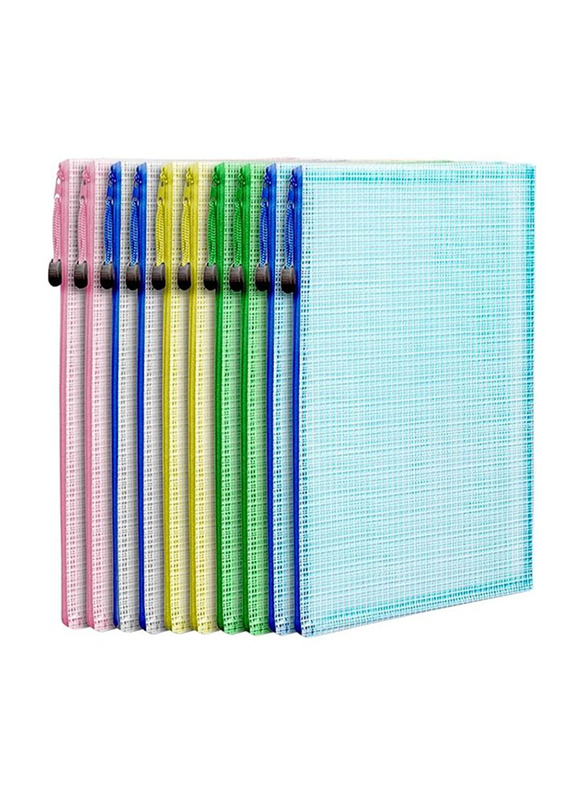 Waterproof Mesh Zipper Pouch Document Bag Plastic Envelopes File Folders, 10 Pieces, Multicolour