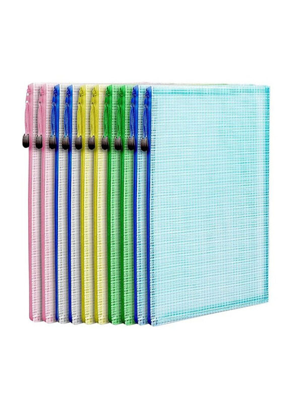 Mesh Zipper Pouch Document Bag A4 Size Zip File Folders, 5 Pieces, Multicolour