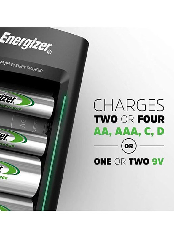 Energizer AA & AAA Battery Charger With 4 AA NiMH Rechargeable Batteries, Multicolour