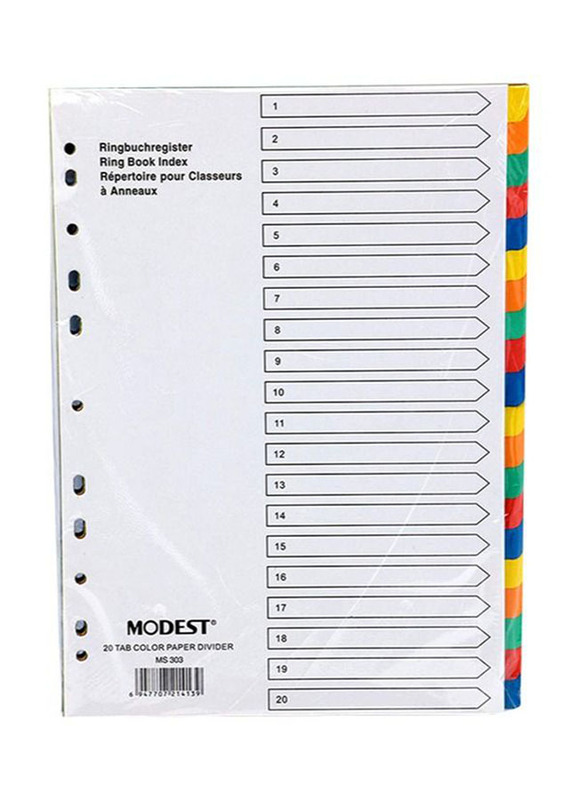 Modest Paper Divider 1-20 Colour with Number Set, A4 Size, Multicolour
