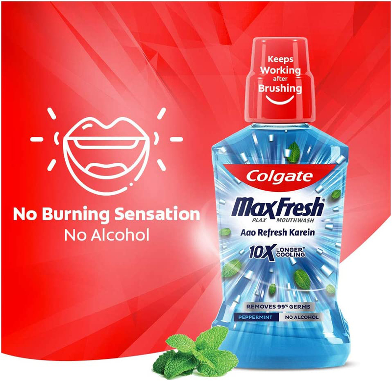 Colgate MaxFresh Plax Antibacterial Mouthwash Peppermint 24/7 Fresh Breath 10X longer cooling Fresh, 4 x 250ml